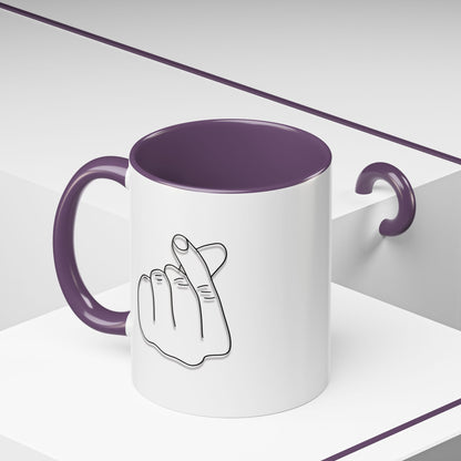 Minimal Korean finger heart accent mug by Printify, 11oz or 15oz ceramic coffee mug with simple heart design and clean style