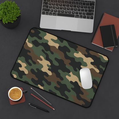 Large camouflage desk mat by Printify, featuring a camo pattern, suitable for office or gaming setups, ideal for mouse and workspace.
