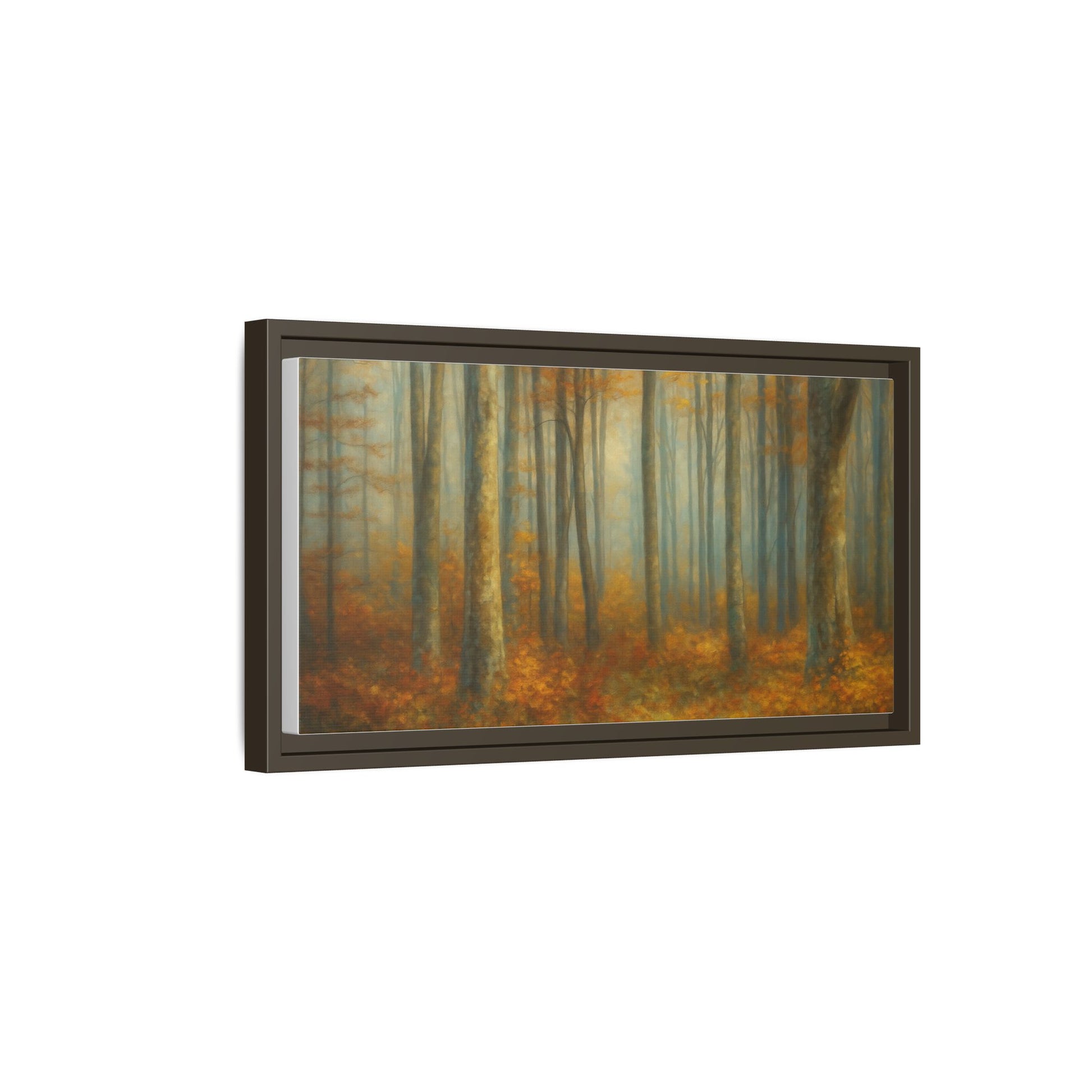 Framed autumn forest canvas print featuring misty woodland scene, wall art by Printify with vibrant fall colors and natural forest details.