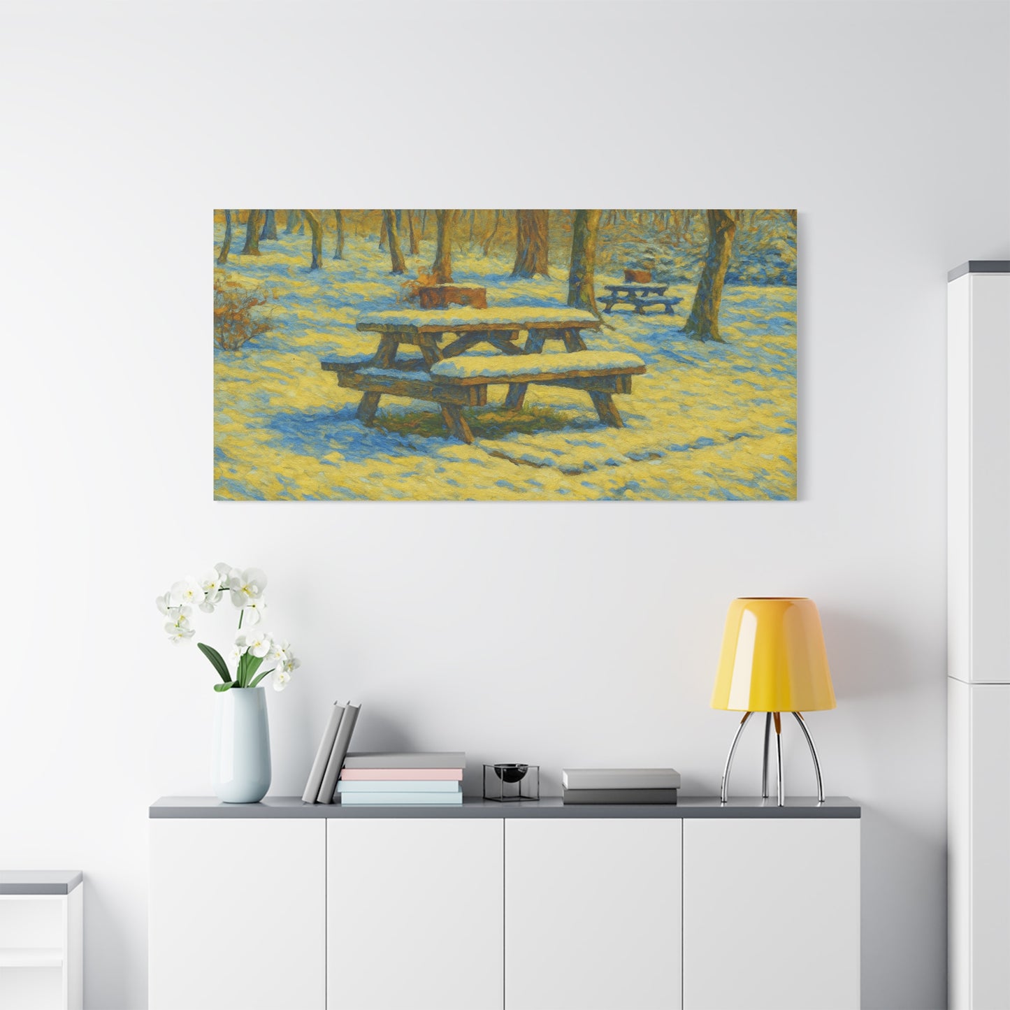 Winter picnic canvas print by Printify featuring a snow-covered park bench wall art, perfect for winter-themed home decor.