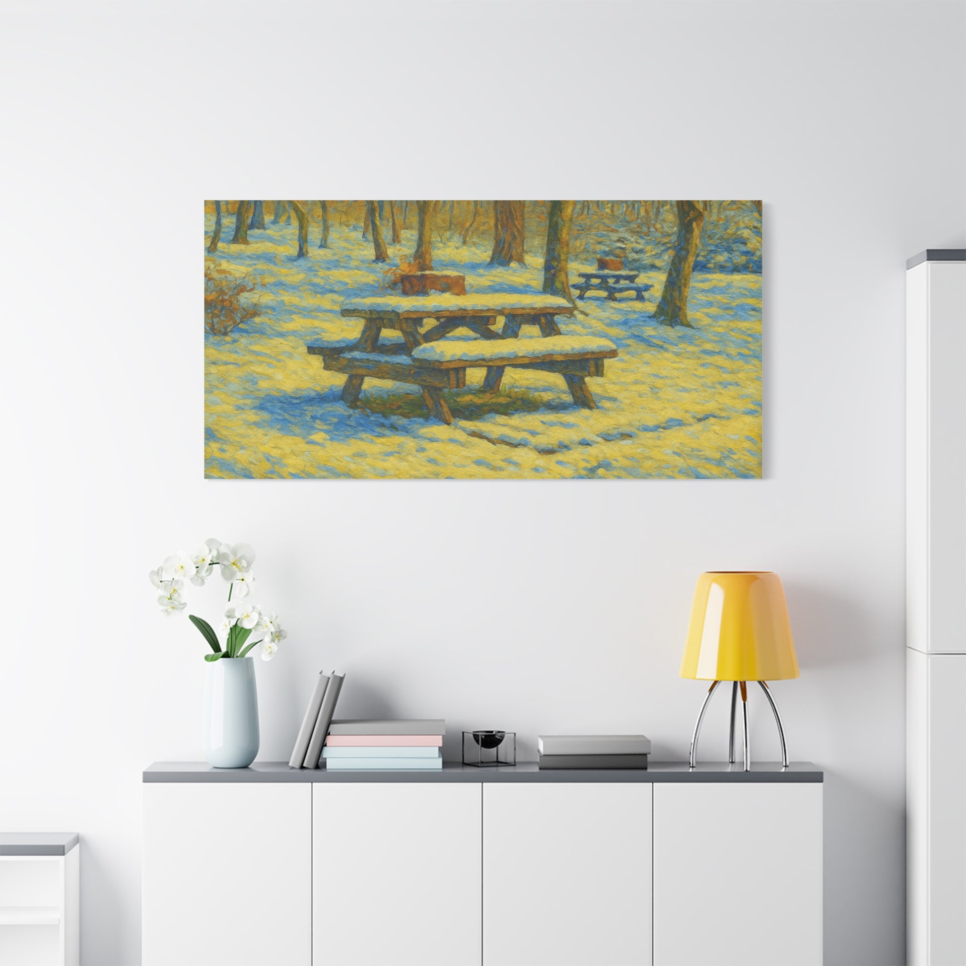 Winter picnic canvas print by Printify featuring a snow-covered park bench wall art, perfect for winter-themed home decor.