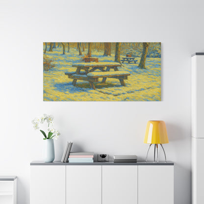 Winter picnic canvas print by Printify featuring a snow-covered park bench wall art, perfect for winter-themed home decor.