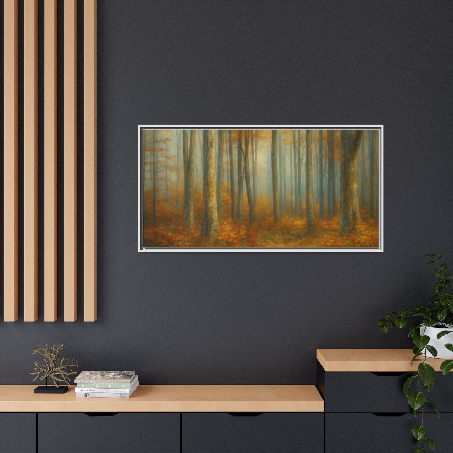 Framed autumn forest canvas print showcasing misty woodland scene, wall art by Printify for natural home decor.
