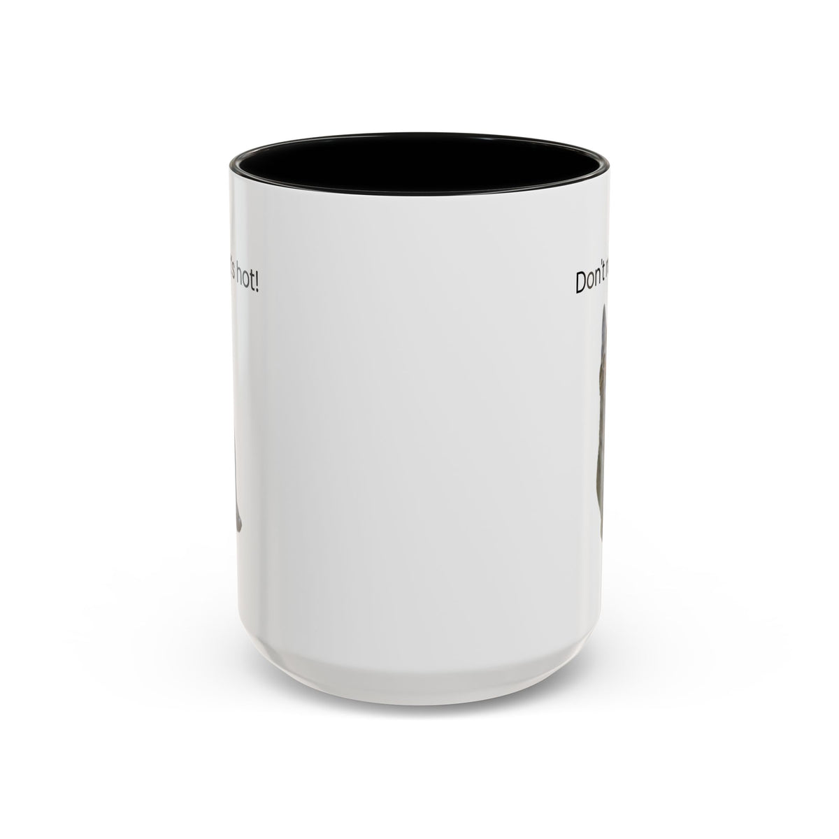 Ceramic cat coffee mug with "Don't rush, it's hot!" slogan, 11 oz, white with black handle, perfect for hot beverages.