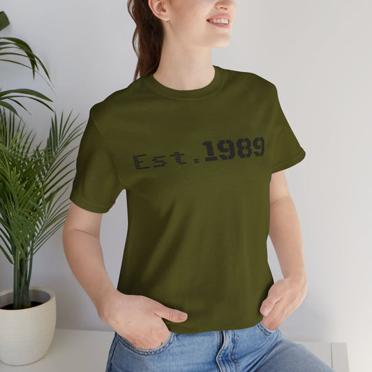 Vintage Est. 1989 T-shirt by Printify featuring a graphic design celebrating the year born, casual unisex style.