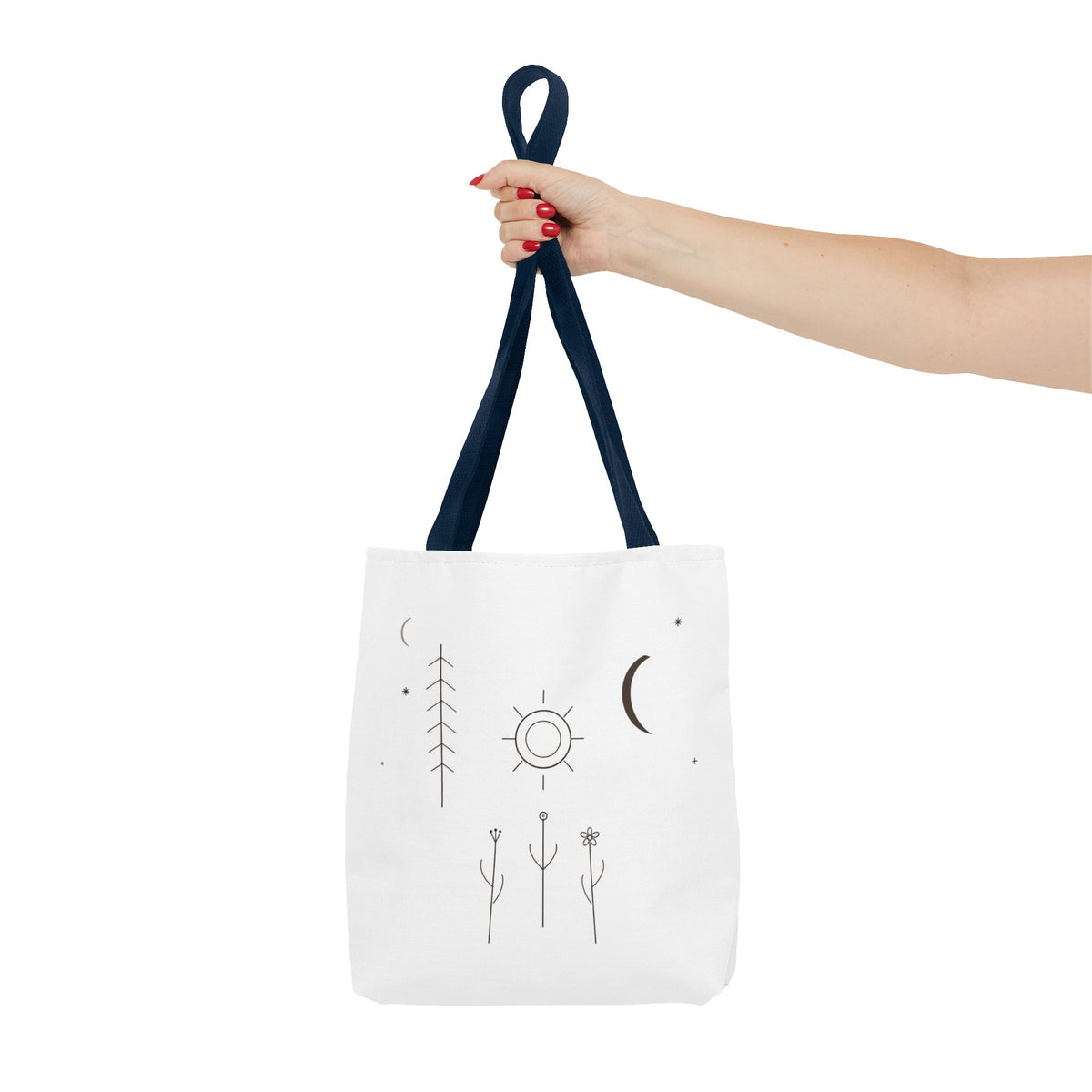 Minimal Moon and Sun botanical tote bag featuring celestial line art design, made by Printify, in natural fabric.