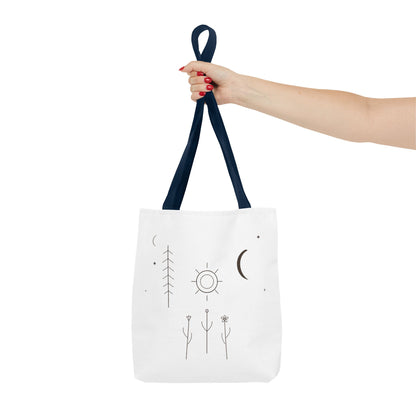 Minimal Moon and Sun botanical tote bag featuring celestial line art design, made by Printify, in natural fabric.