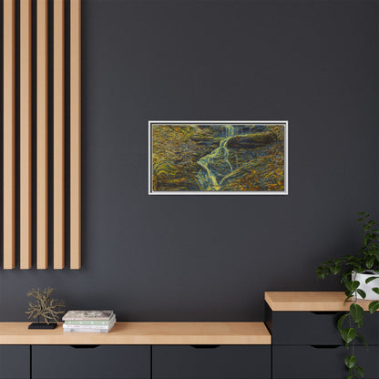 Framed matte canvas wall art featuring a serene autumn forest waterfall scene by Printify.