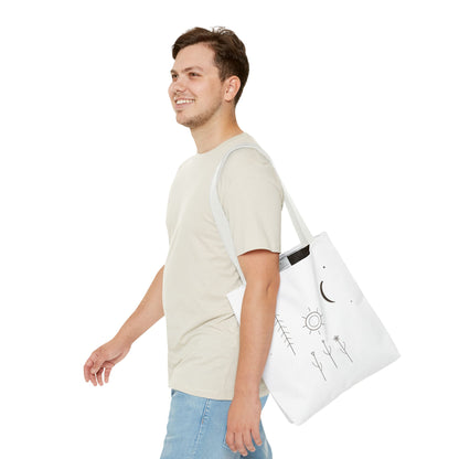 Minimal moon and sun botanical tote bag with celestial line art design, made by Printify, featuring eco-friendly canvas material.