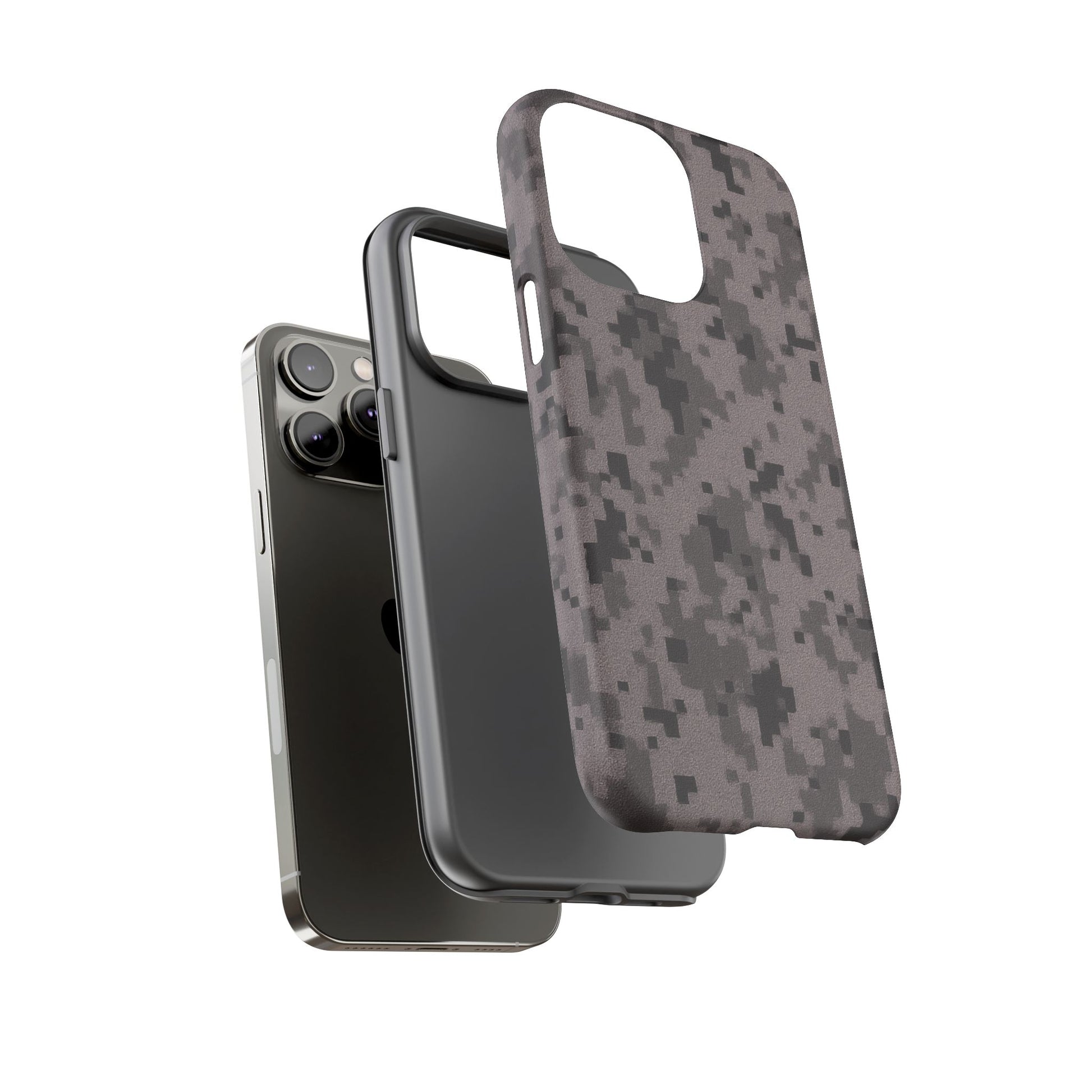 Gray digital camouflage phone case by Printify, tough and protective cover for smartphones with a rugged camo design.