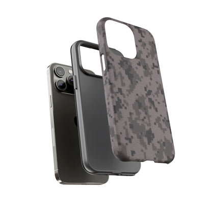 Gray digital camouflage phone case by Printify, tough and protective cover for smartphones with a rugged camo design.