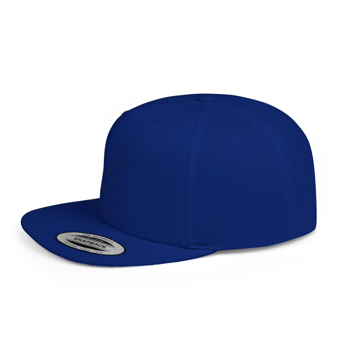 Minimalist hand gesture flat bill snapback hat by Printify, featuring a clean design and adjustable fit.