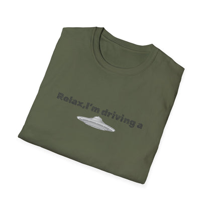 Funny alien graphic T-shirt featuring a UFO design, perfect for sci-fi fans, by Printify.