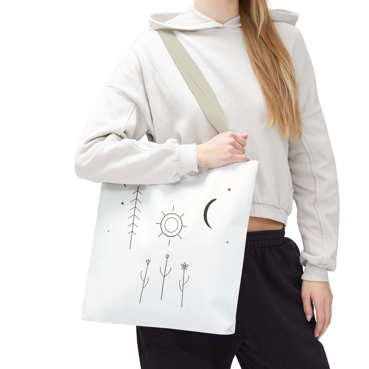 Minimal Moon and Sun botanical tote bag with celestial line art design, featuring moon and sun motifs on a canvas bag.
