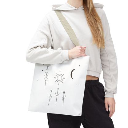 Minimal Moon and Sun botanical tote bag with celestial line art design, featuring moon and sun motifs on a canvas bag.
