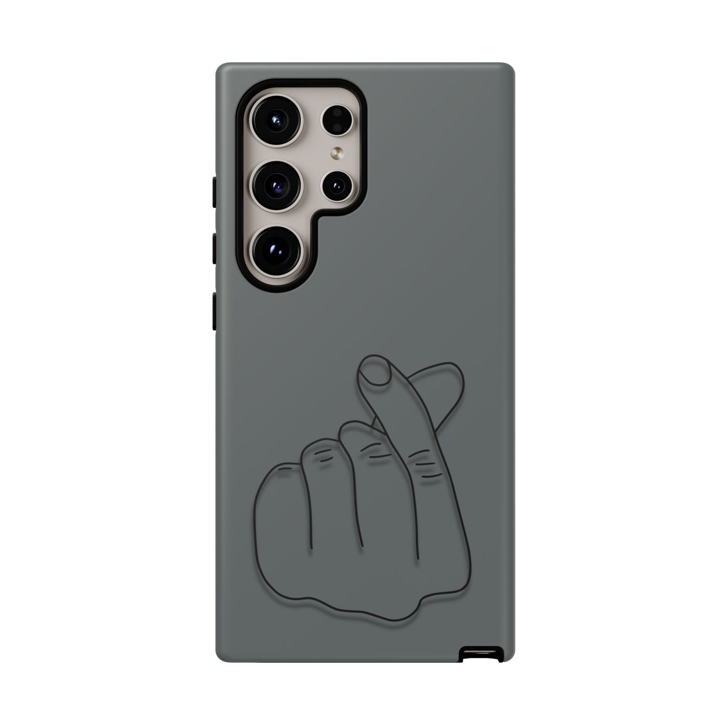 Silicone phone case with embossed Korean finger heart design, compatible with smartphones, by Printify.