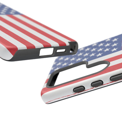 Durable American flag phone case for iPhone with patriotic design, made by Printify, offering protection and style.