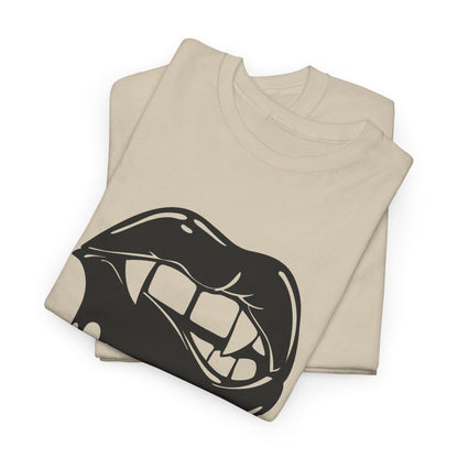 Graphic T-shirt by Printify featuring a dripping lips 'hmm...' bite design in black and white on a casual cotton tee.