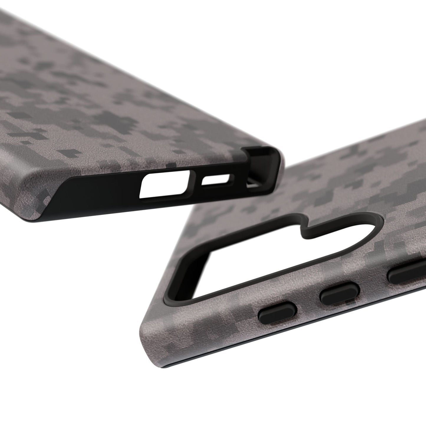 Gray digital camouflage phone case by Printify, tough protective cover for smartphones with a digital camo pattern.