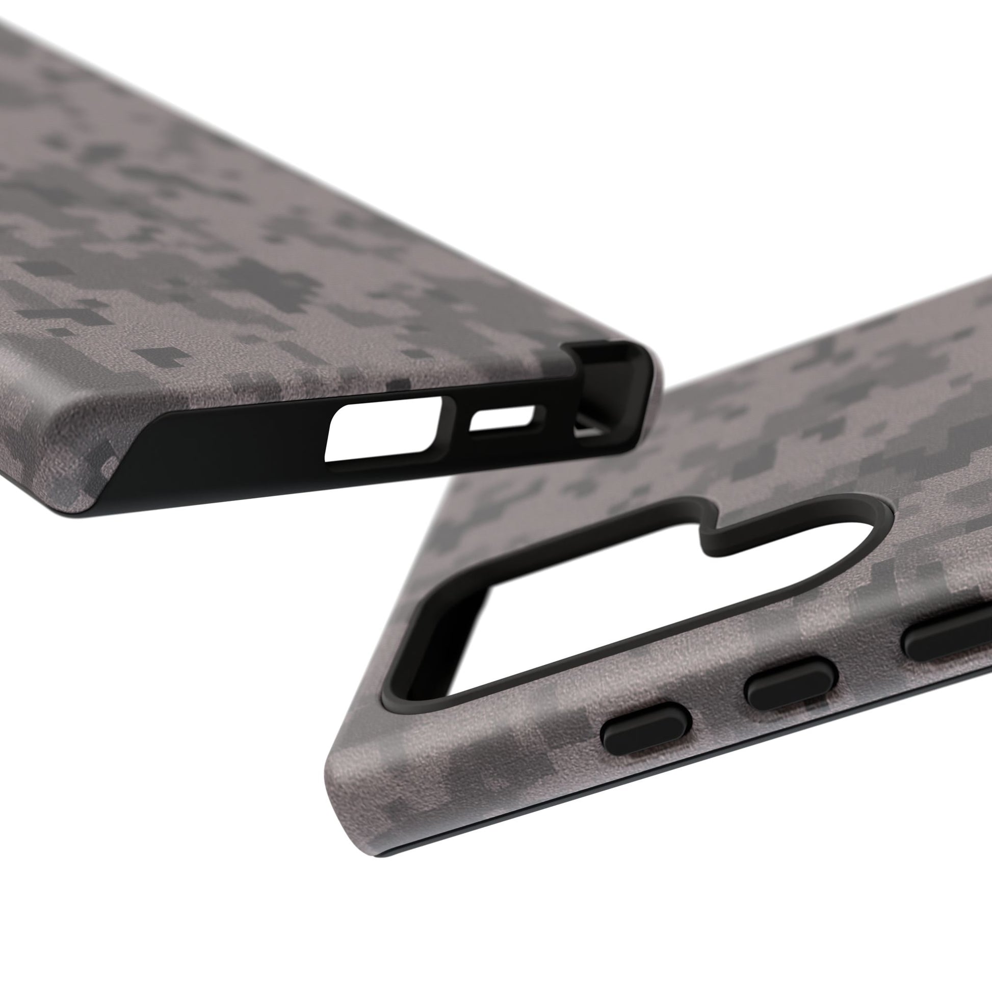 Gray digital camouflage phone case by Printify, tough protective cover for smartphones with a digital camo pattern.