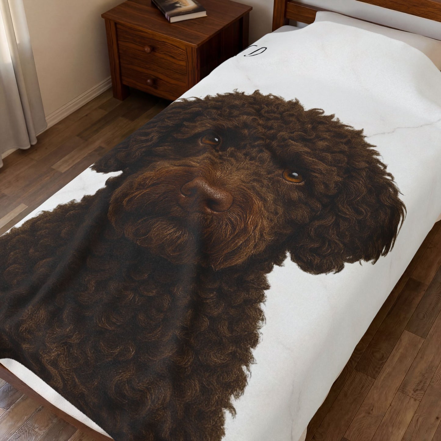 Custom brown Labradoodle portrait blanket with velveteen plush fabric, featuring all-over print design by Printify.