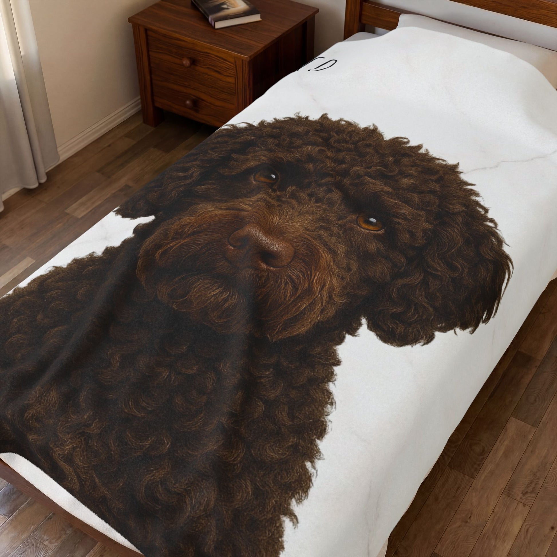 Custom brown Labradoodle portrait blanket with velveteen plush fabric, featuring all-over print design by Printify.