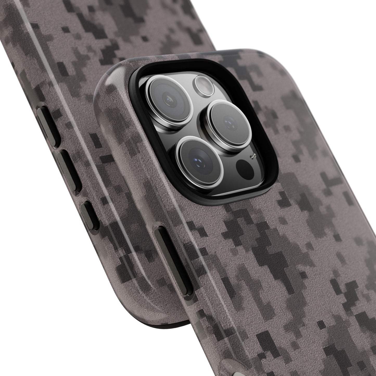 Gray digital camouflage phone case from Printify, tough protective cover with a rugged camo design for smartphones.