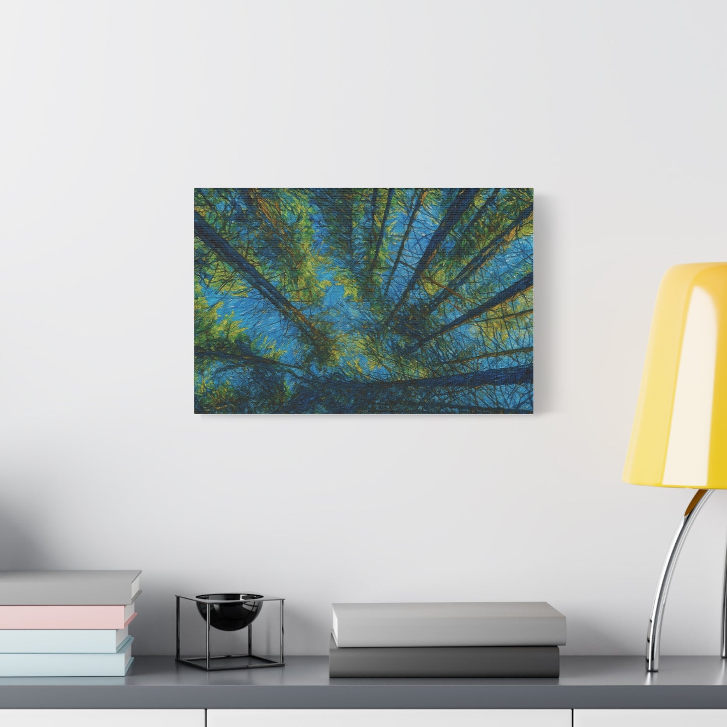 Forest Canopy Matte Canvas Wall Art — Upward View of Trees, Blue & Green Nature Print