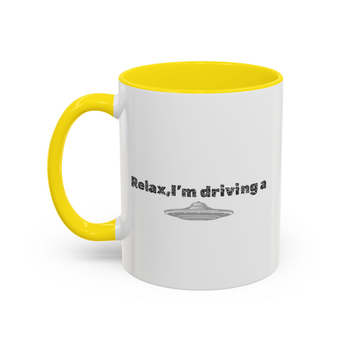 Ceramic coffee mug with UFO accent and "Relax, I’m Driving" text, available in 11 or 15 oz size by Printify.