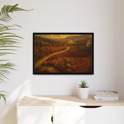 Framed matte canvas print of a scenic autumn forest road landscape wall art by Printify showing vibrant fall foliage and a winding path.