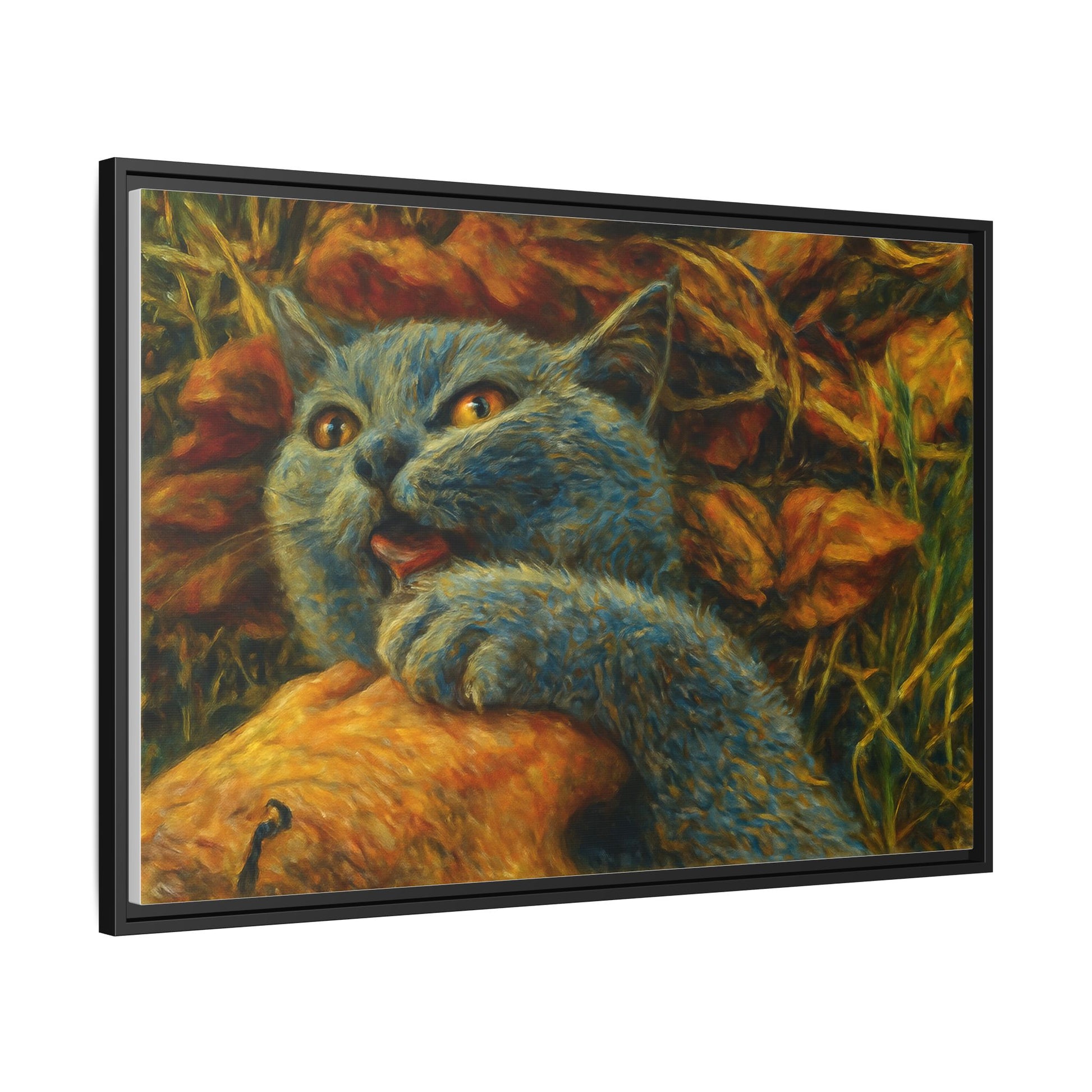 Blue cat canvas print featuring whimsical wall art, perfect gift for cat lovers, printed by Printify on high-quality material.