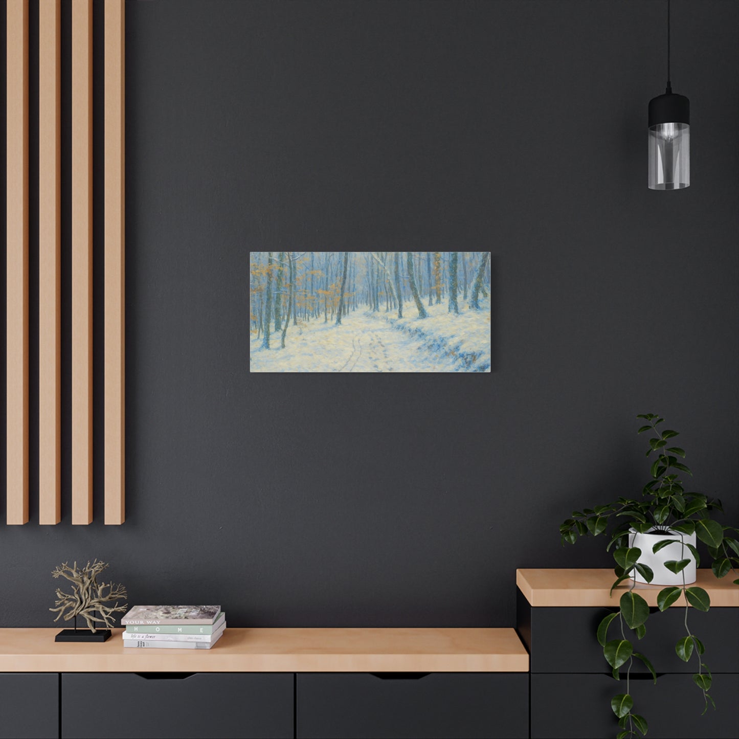 Winter woodland canvas print featuring a snowy forest scene on matte stretched wall art by Printify