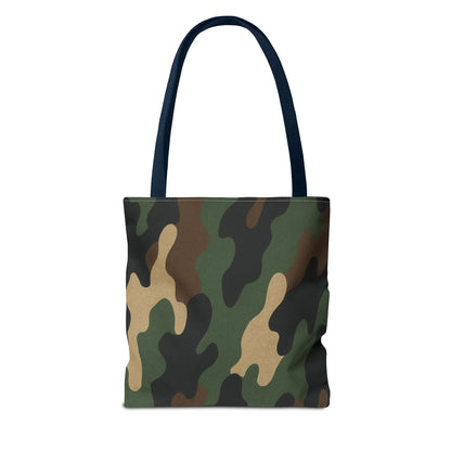 Camo pattern tote bag from Printify with all-over print canvas design, featuring sturdy handles and spacious interior for daily use.