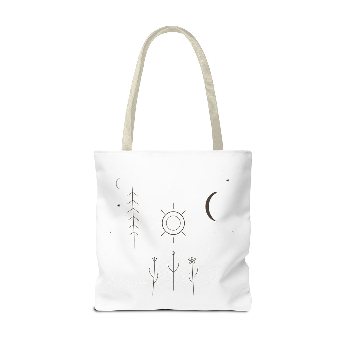 Minimal moon and sun botanical tote bag with celestial line art design, featuring a stylish and eco-friendly Printify bag.