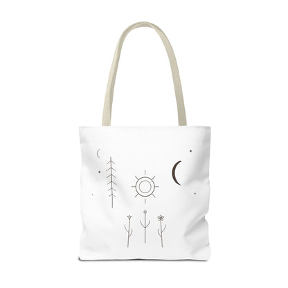 Minimal moon and sun botanical tote bag with celestial line art design, featuring a stylish and eco-friendly Printify bag.