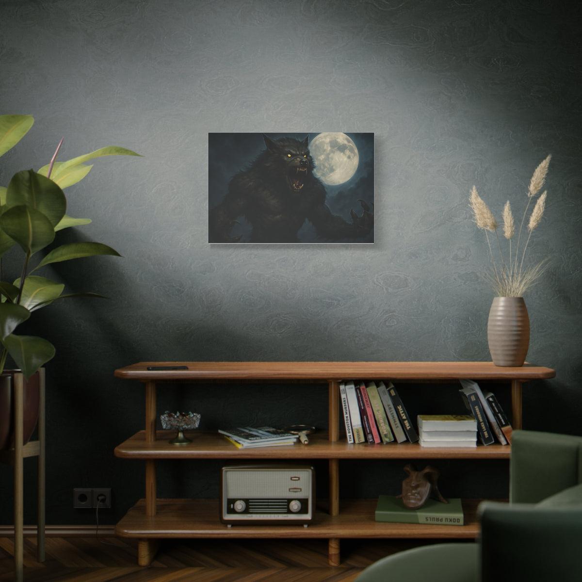 Spooky full moon werewolf moon matte canvas print wall art featuring a haunting moonlit scene, ideal for Halloween decor.