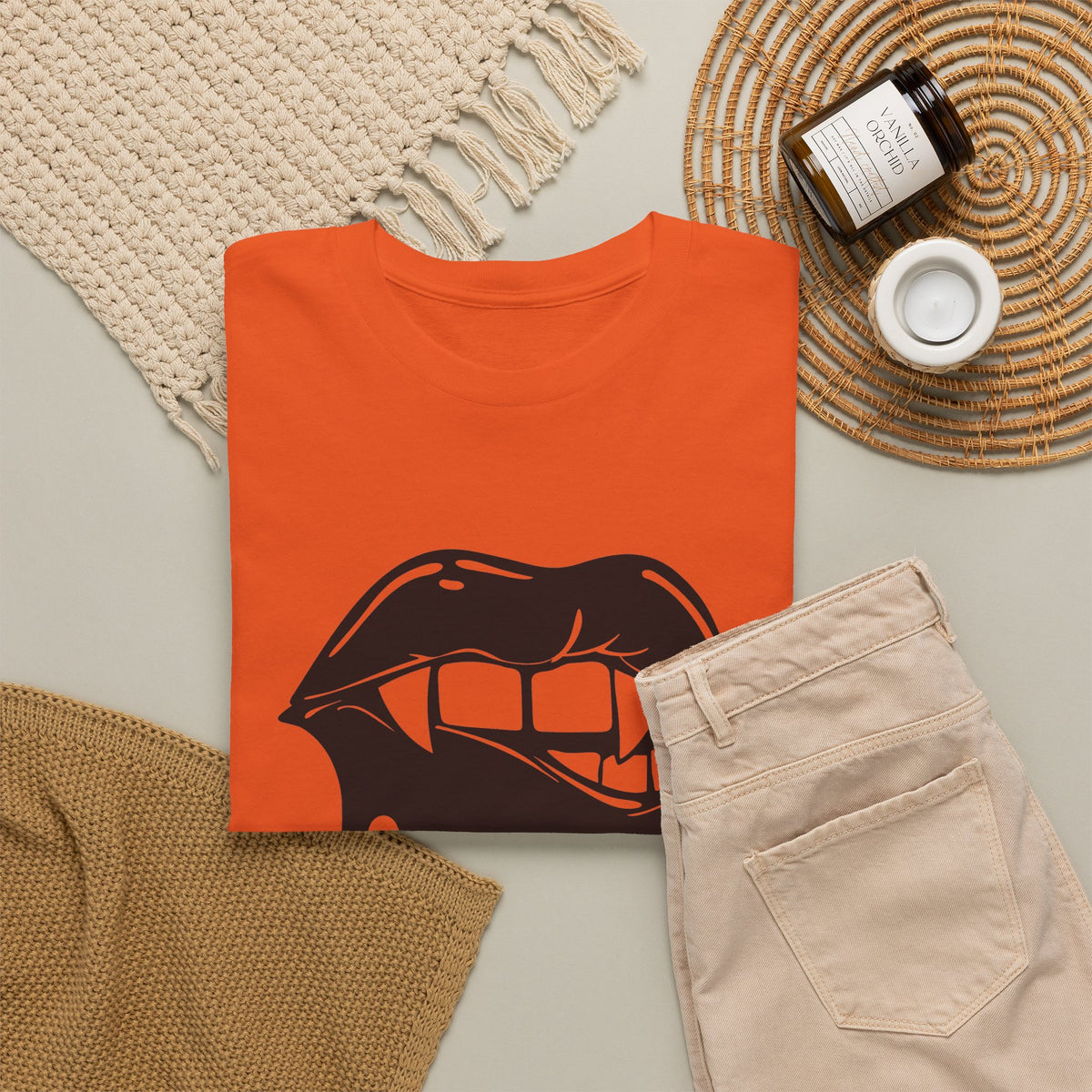 Cotton graphic T-shirt by Printify featuring a dripping lips 'hmm...' bite design in bold black and white print.