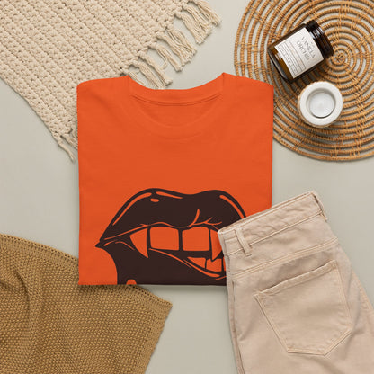 Cotton graphic T-shirt by Printify featuring a dripping lips 'hmm...' bite design in bold black and white print.