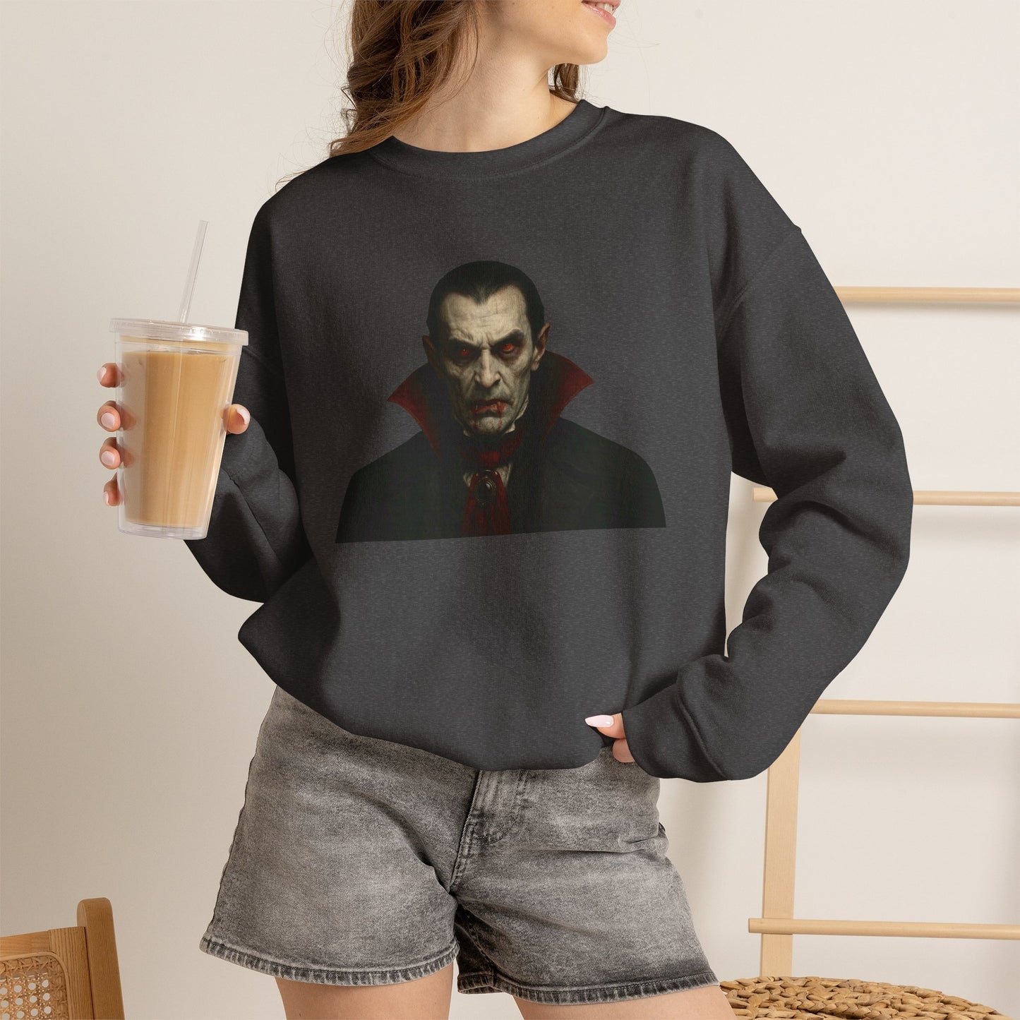 Black Vampire Portrait crewneck sweatshirt by Printify featuring a detailed vampire illustration on the front.