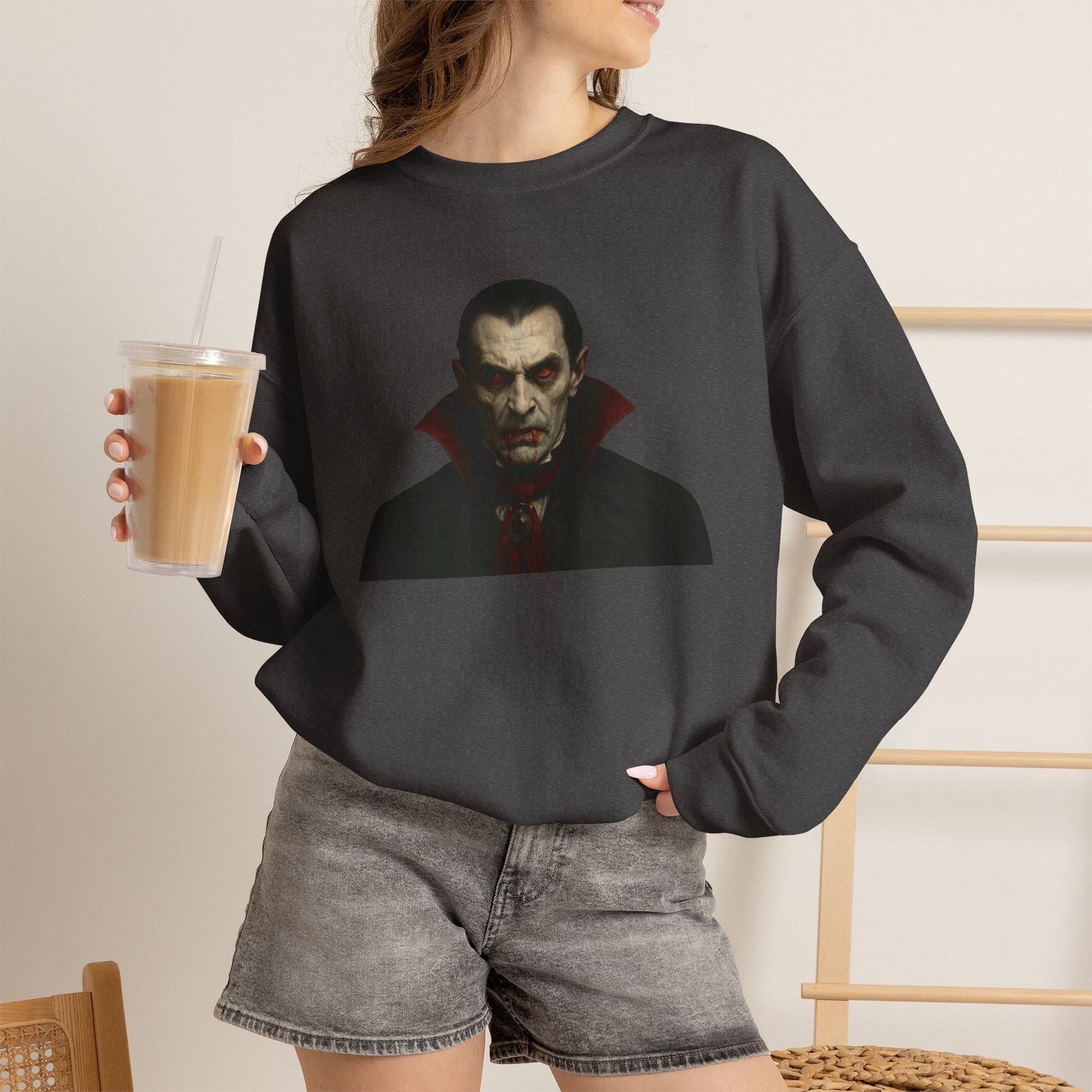 Black Vampire Portrait crewneck sweatshirt by Printify featuring a detailed vampire illustration on the front.