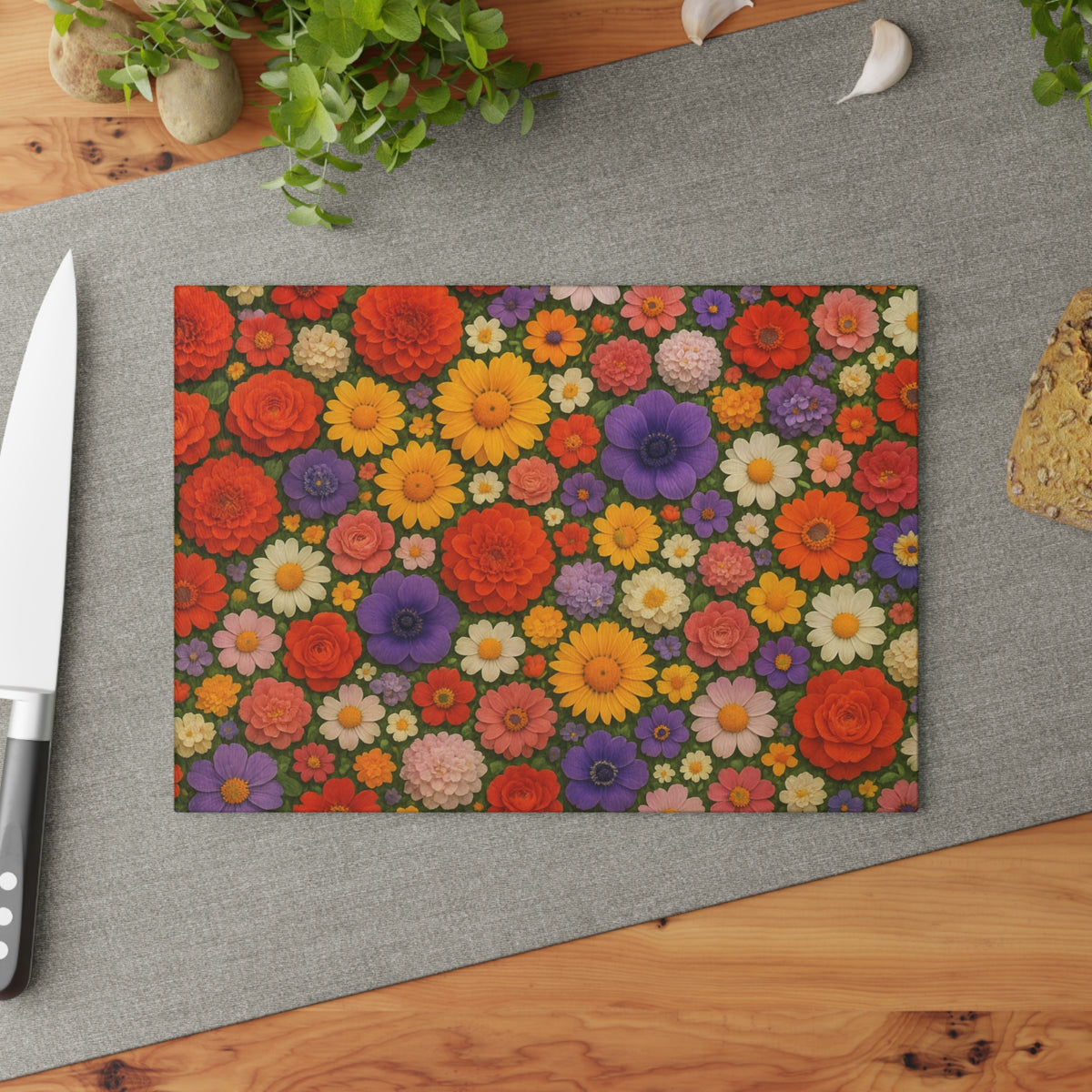 Floral Glass Cutting Board – Colorful Retro Flower Pattern Kitchen Board