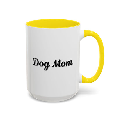 Dog Mom Accent Coffee Mug — white ceramic coffee mug with retro script "Dog Mom" print, colored interior and C-handle, 11oz/15oz, handle and interior color detail