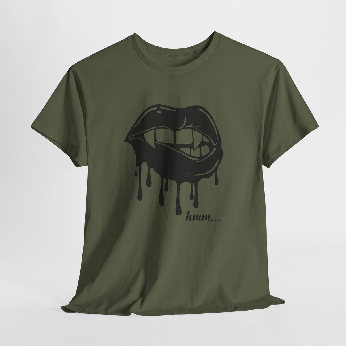 Black graphic T-shirt by Printify featuring a dripping lips 'hmm...' bite design on the front.