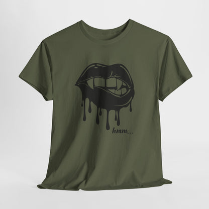 Black graphic T-shirt by Printify featuring a dripping lips 'hmm...' bite design on the front.