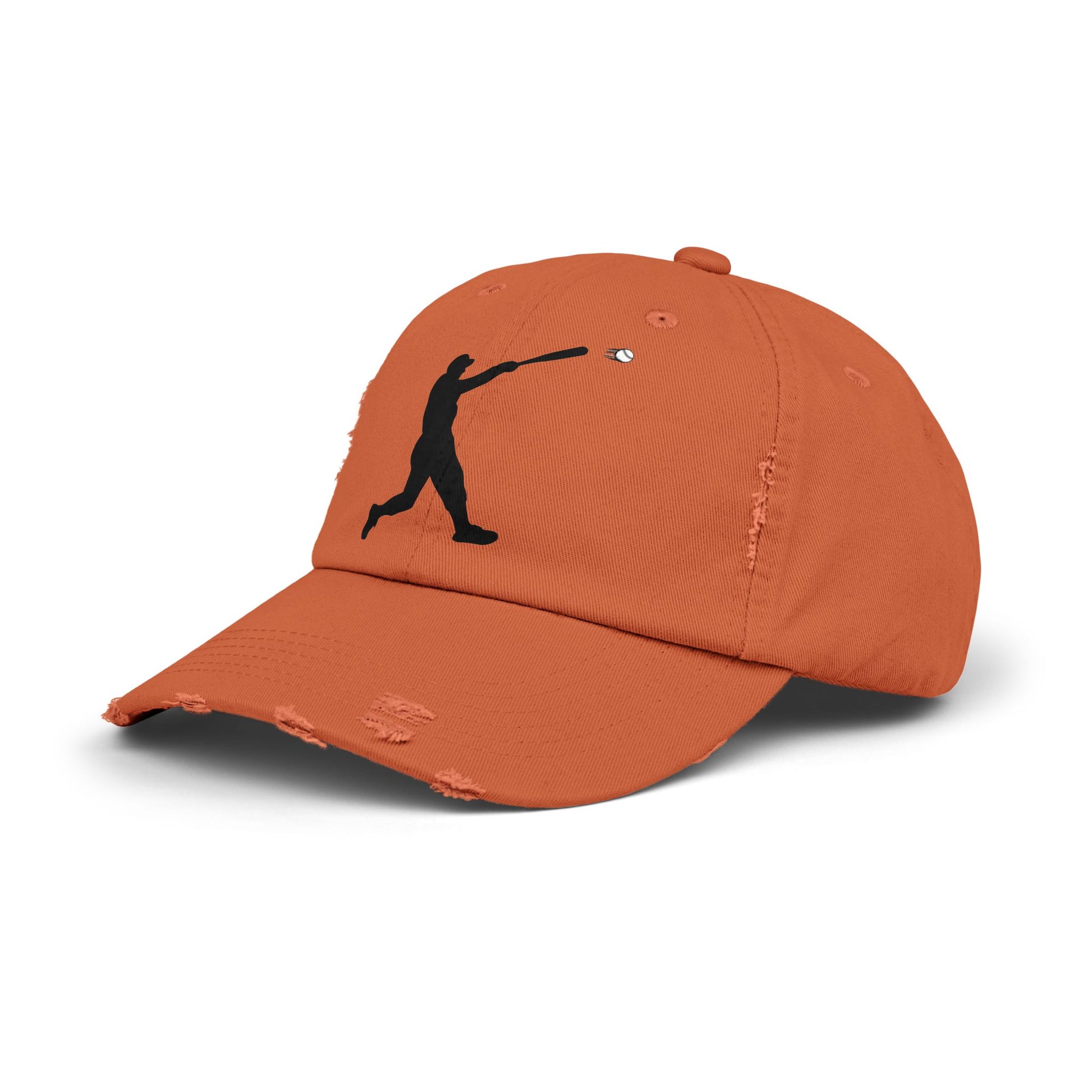 Distressed baseball cap with silhouette batter design, casual hat from Printify featuring a worn, vintage style.