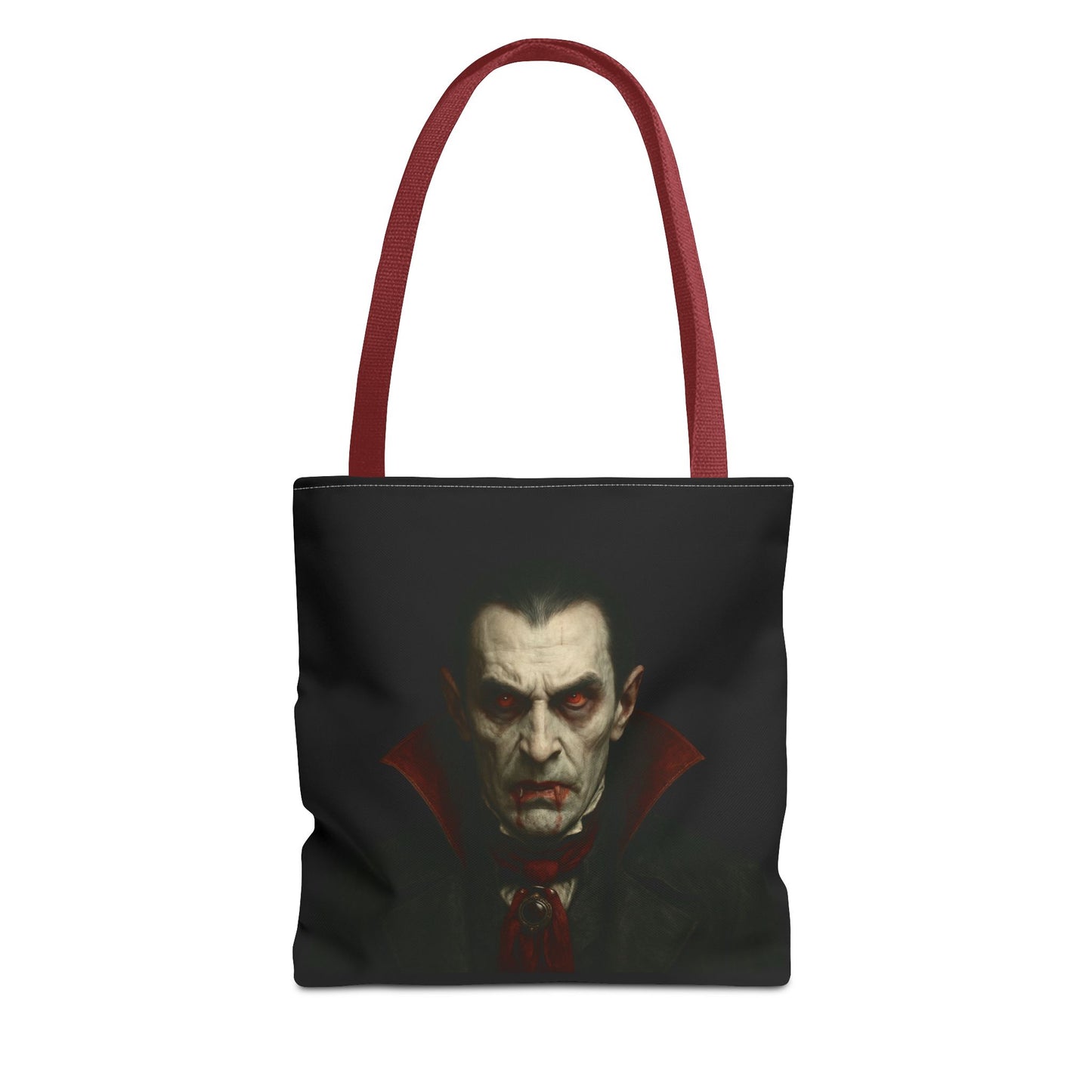 Black vampire-themed tote bag featuring spooky gothic design, perfect for Halloween accessories. Made by Printify.