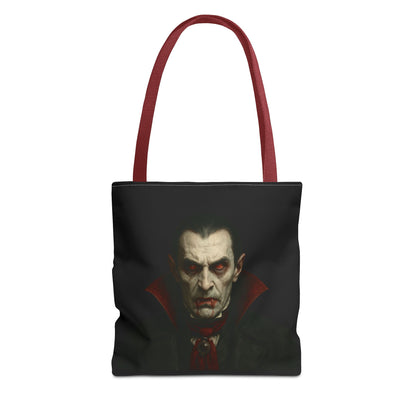 Black vampire-themed tote bag featuring spooky gothic design, perfect for Halloween accessories. Made by Printify.