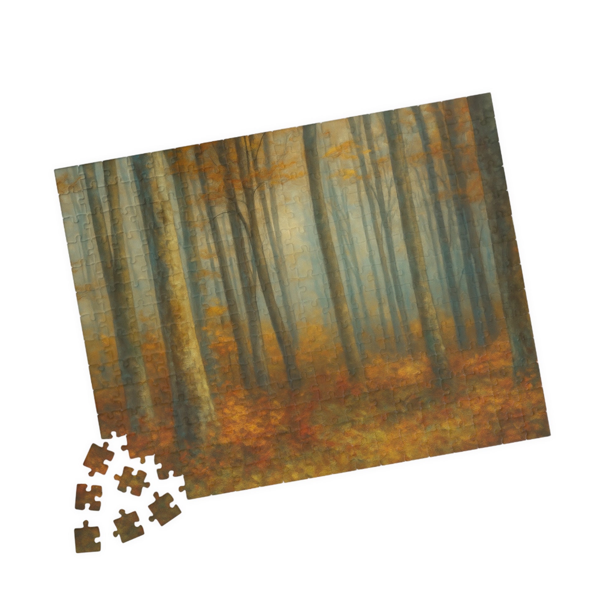 Misty autumn forest puzzle by Printify showing woodland trees with colorful fall leaves and detailed forest scenery.