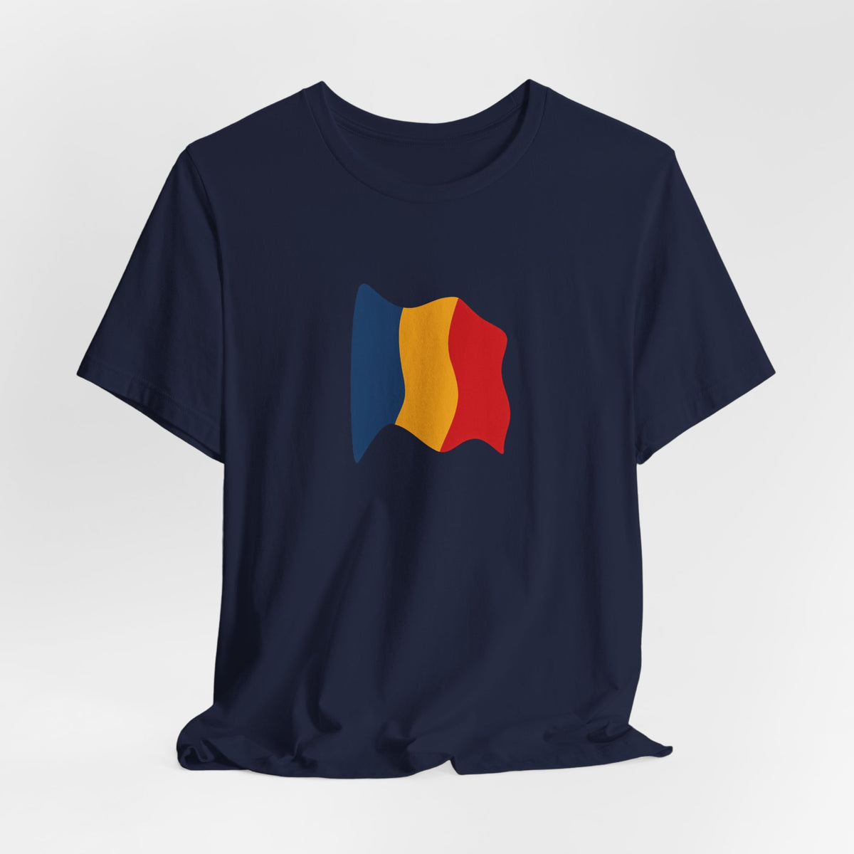 Romania flag T-shirt with minimal waving tricolor design, comfortable cotton tee by Printify, featuring the Romanian national colors.
