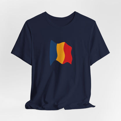 Romania flag T-shirt with minimal waving tricolor design, comfortable cotton tee by Printify, featuring the Romanian national colors.